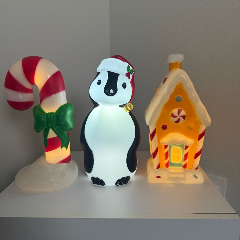Christmas 11” Light Up Penguin,Ginger bread house & Candy Cane Blow Mold Decor